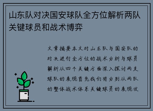 山东队对决国安球队全方位解析两队关键球员和战术博弈