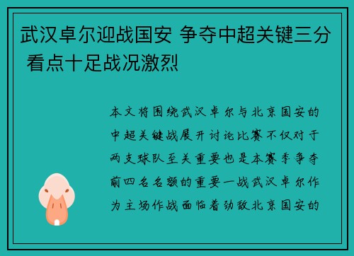 武汉卓尔迎战国安 争夺中超关键三分 看点十足战况激烈